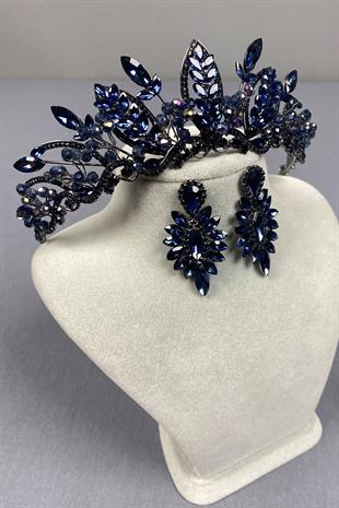 Navy Blue Jabbah Bead Embroidered Bridal Henna Crown and Thin Shuttle Earrings