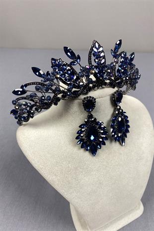 Navy Blue Jabbah Bead Embroidered Bridal Henna Crown and Shuttle Earrings