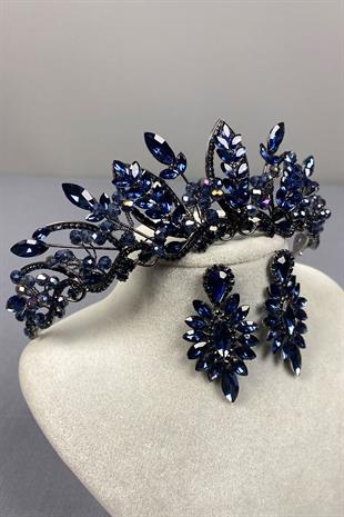 Navy Blue Jabbah Bead Embroidered Bridal Henna Crown and Thin Shuttle Earrings