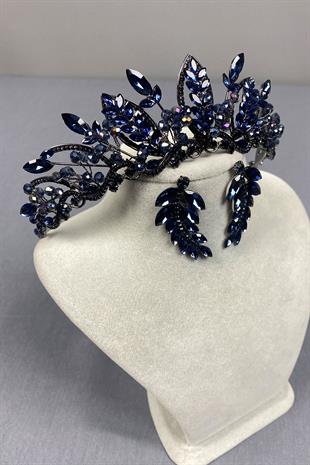 Navy Blue Jabbah Bead Embroidered Bridal Henna Crown and Leaf Earrings