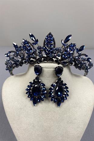 Navy Blue Jabbah Bead Embroidered Bridal Henna Crown and Shuttle Earrings