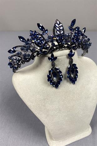 Navy Blue Jabbah Bead Embroidered Bridal Henna Crown and Shuttle Earring Set