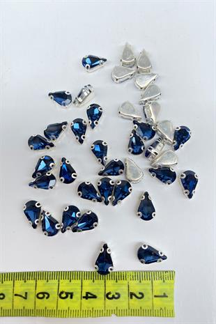 Lacivert Kasalı Dikme Parlak Cam Damla Boncuk 10 Adet