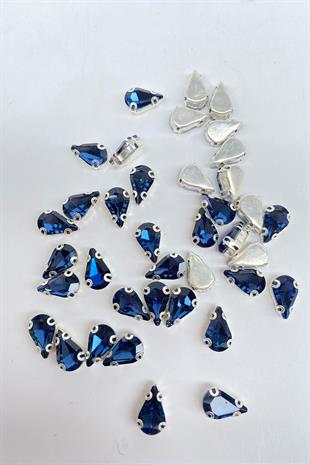 Lacivert Kasalı Dikme Parlak Cam Damla Boncuk 10 Adet