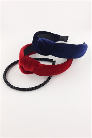 Lacivert Kırmızı Siyah 3lü Kadife  Taç Takım