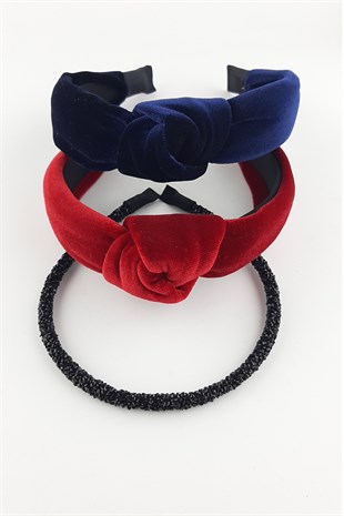 Lacivert Kırmızı Siyah 3lü Kadife  Taç Takım