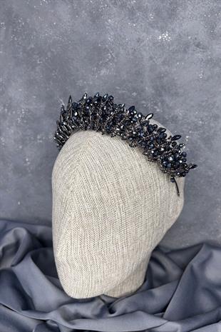 Lacivert  Kristal Boncuk İşlemeli Buğlem Gelin Tacı