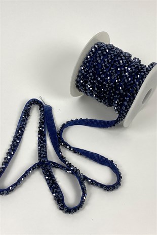 Navy Blue Crystal Bead Embroidered Ribbon