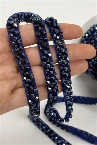 Navy Blue Crystal Bead Embroidered Ribbon