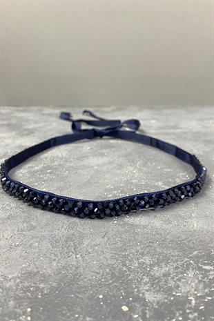 Lacivert Kristal Boncuklu Abiye Elbise Kemer Aksesuarı