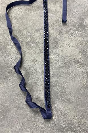 Lacivert Kristal Boncuklu Abiye Elbise Kemer Aksesuarı