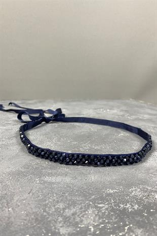 Lacivert Kristal Boncuklu Abiye Elbise Kemer Aksesuarı