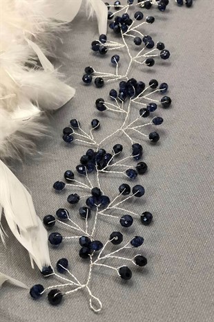 إكسسوار مطرز بالكريستال الأزرق الداكن للشعر