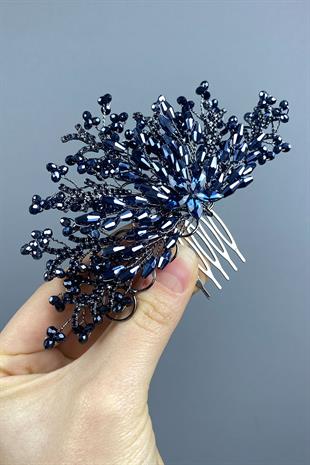 Navy Blue Crystal Embroidered Side Comb Hairclip Bridal Hair Accessory