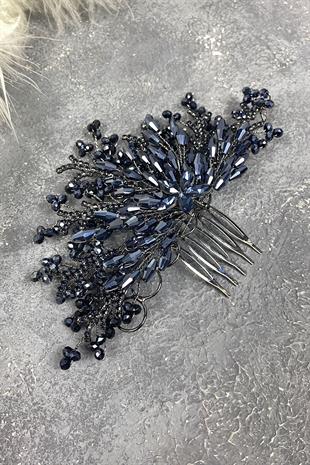 Navy Blue Crystal Embroidered Side Comb Hairclip Bridal Hair Accessory