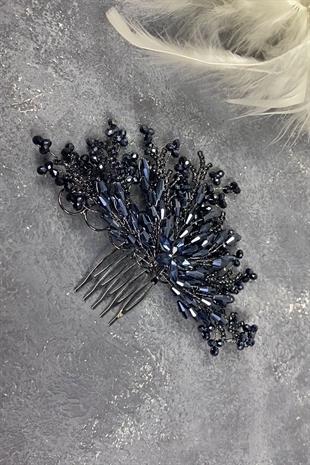 Navy Blue Crystal Embroidered Side Comb Hairclip Bridal Hair Accessory