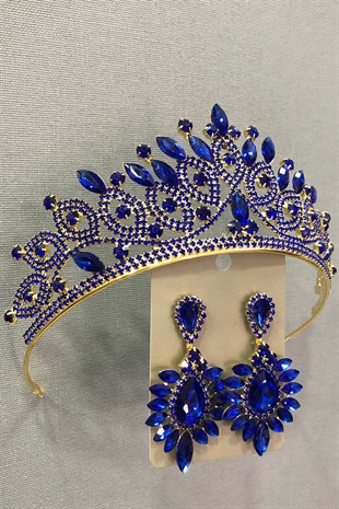 Navy Blue Crystal Glass Stone Gold Color Bridal Crown and Earring Set