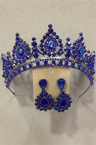 Dark Blue Crystal Stone Metal Case Henna, Bridal Crown and Earring Set