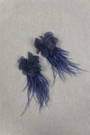 Lacivert Lazer Çiçekli Deve Kuşu Tüylü Küpe