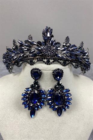 Navy Blue Lena Crystal Bridal Henna Crown And Stone Earring Set