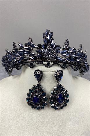 Navy Blue Lena Crystal Bridal Henna Crown And Stone Earring Set