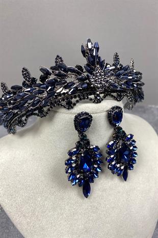 Navy Blue Lena Crystal Bridal Henna Crown And Stone Earring Set