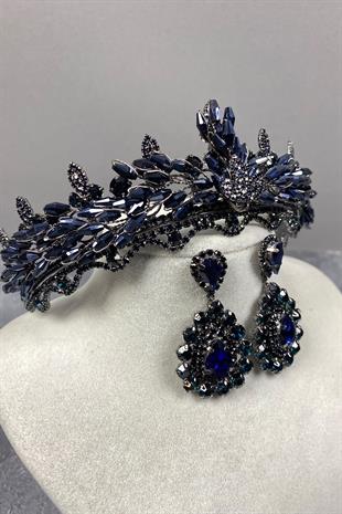 Navy Blue Lena Crystal Bridal Henna Crown And Stone Earring Set