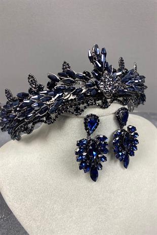 Navy Blue Lena Crystal Bridal Henna Crown And Earring Set