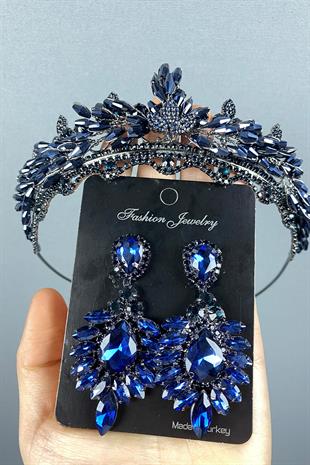 Navy Blue Lena Crystal Bridal Henna Crown And Stone Earring Set
