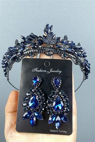 Navy Blue Lena Crystal Bridal Henna Crown And Studded Earring Set