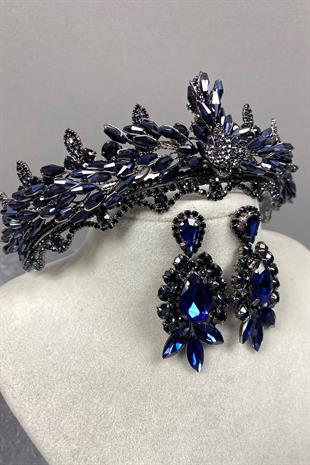 Navy Blue Lena Crystal Bridal Henna Crown And Studded Earring Set