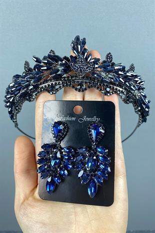 Navy Blue Lena Crystal Bridal Henna Crown And Earring Set