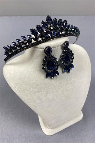 Navy Blue Leyn Bridal Henna Crown and Almond Shuttle Stone Earring Set