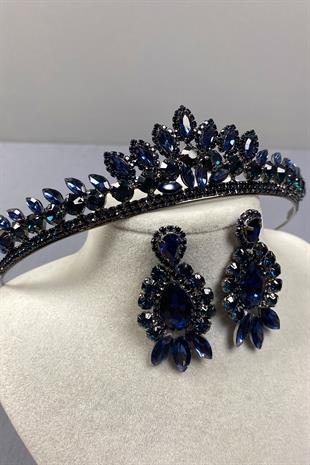 Navy Blue Leyn Bridal Henna Crown and Almond Shuttle Stone Earring Set