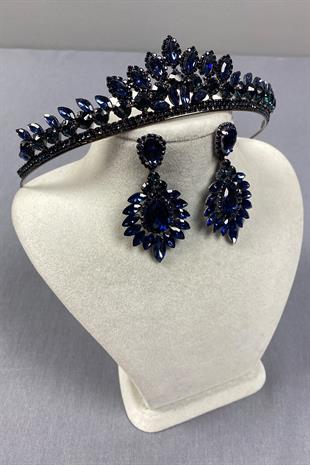 Navy Blue Leyn Bridal Henna Crown and Drop Shuttle Earring Set