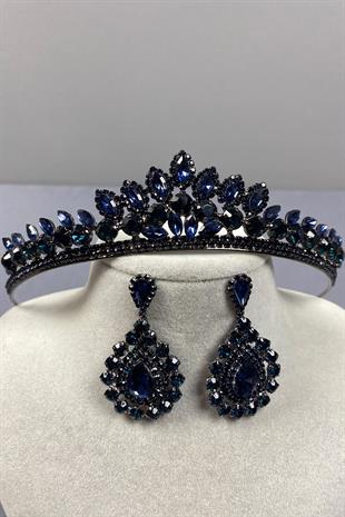 Navy Blue Leyn Bridal Henna Crown and Drop Stone Earring Set