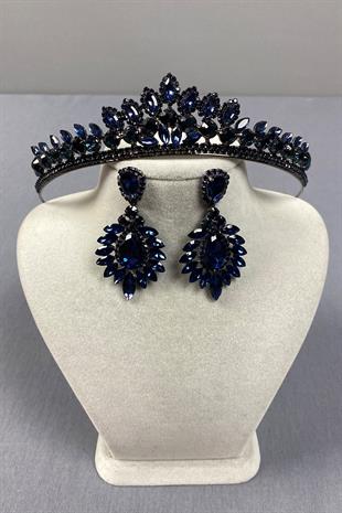 Navy Blue Leyn Bridal Henna Crown and Drop Shuttle Earring Set