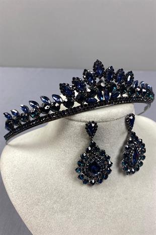 Navy Blue Leyn Bridal Henna Crown and Drop Stone Earring Set