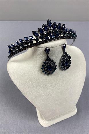 Navy Blue Leyn Bridal Henna Crown and Drop Stone Earring Set