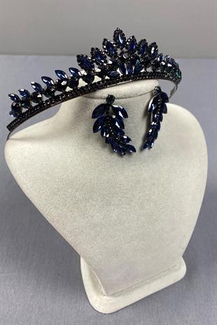 Navy Blue Leyn Bridal Henna Crown and Leaf Stone Earring Set