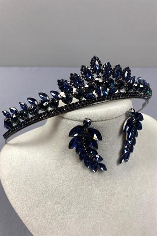 Navy Blue Leyn Bridal Henna Crown and Leaf Stone Earring Set