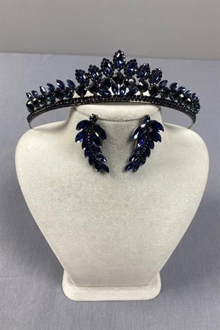 Navy Blue Leyn Bridal Henna Crown and Leaf Stone Earring Set