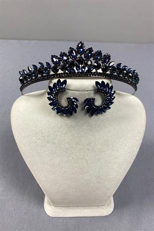 Navy Blue Leyn Bridal Henna Crown and Round Stone Earring Set