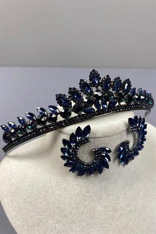 Navy Blue Leyn Bridal Henna Crown and Round Stone Earring Set
