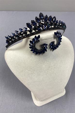 Navy Blue Leyn Bridal Henna Crown and Round Stone Earring Set