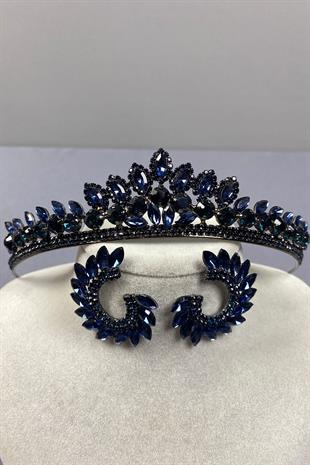 Navy Blue Leyn Bridal Henna Crown and Round Stone Earring Set