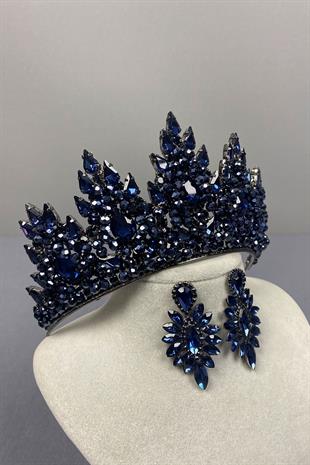 Navy Blue Lotus Bead Embroidered Bridal Henna Crown and Shuttle Earring Set