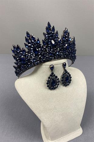 Navy Blue Lotus Bead Embroidered Bridal Henna Crown and Drop Earring Set