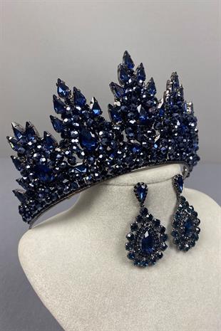 Navy Blue Lotus Bead Embroidered Bridal Henna Crown and Drop Earring Set