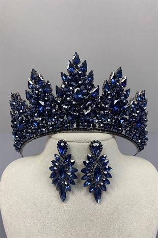 Navy Blue Lotus Bead Embroidered Bridal Henna Crown and Shuttle Earring Set